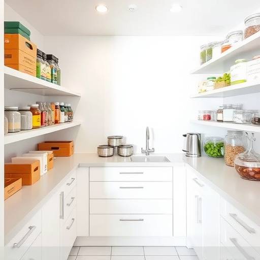 A beautifully organized pantry with various ingredients neatly arranged, illustrating effective ingredient zoning principles.