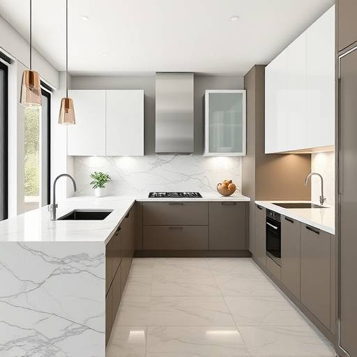 A detailed 3D rendering of a modern Italian kitchen with marble countertops and elegant cabinetry