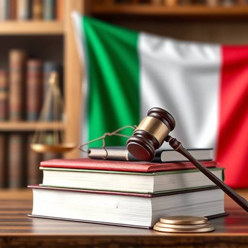 A stack of legal books with an Italian flag in the background, representing the company's commitment to legal compliance.