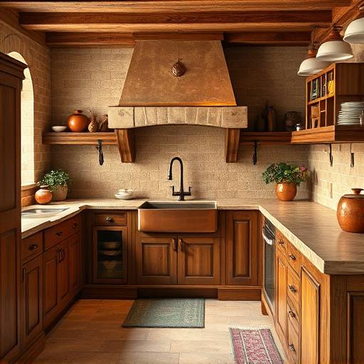 A traditional Italian kitchen with rustic wooden elements, copper accents, and a farmhouse sink, showcasing a warm and inviting atmosphere.