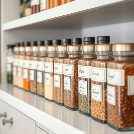 Close-up of organized spice jars and containers, demonstrating the alignment and labeling systems in an Italian kitchen.