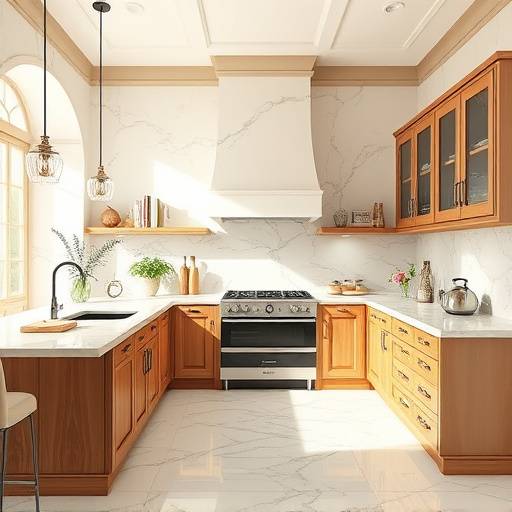 Elegant Italian kitchen with cream marble countertops and natural wood cabinetry, showcasing a bright and airy atmosphere.