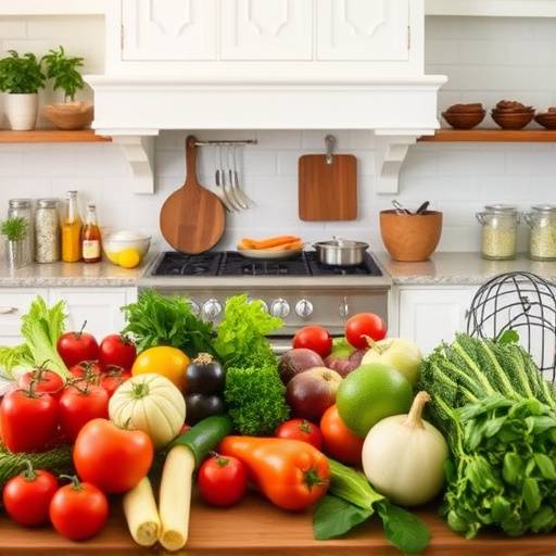 Fresh seasonal ingredients displayed in an organized and elegant Italian kitchen