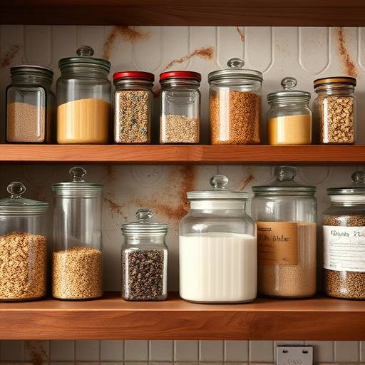 Neatly aligned glass containers with dry goods on a shelf in an elegant Italian kitchen