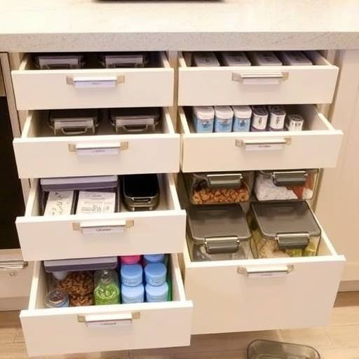 Organized kitchen drawers with labeled containers of various ingredients, showcasing efficient zoning