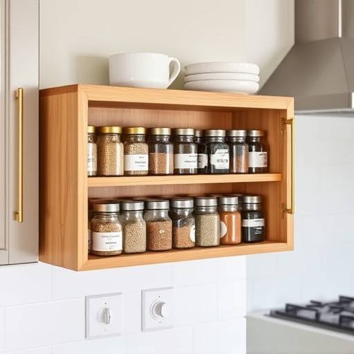 Pull-out spice rack made from natural wood with golden handles in a modern kitchen